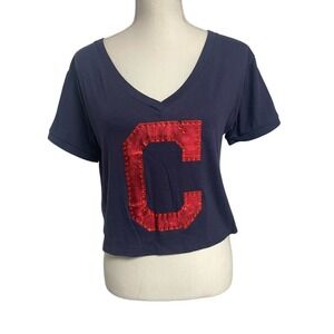 Cleveland Guardians MLB PINK Sequin Metallic‎  Cropped Tee Women's M